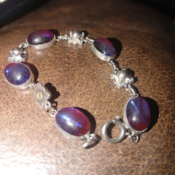 Vintage Bracelet Floral Silver Tone Oval Cabochons Red Blue Glass Star Stones - Picture 3 of 7